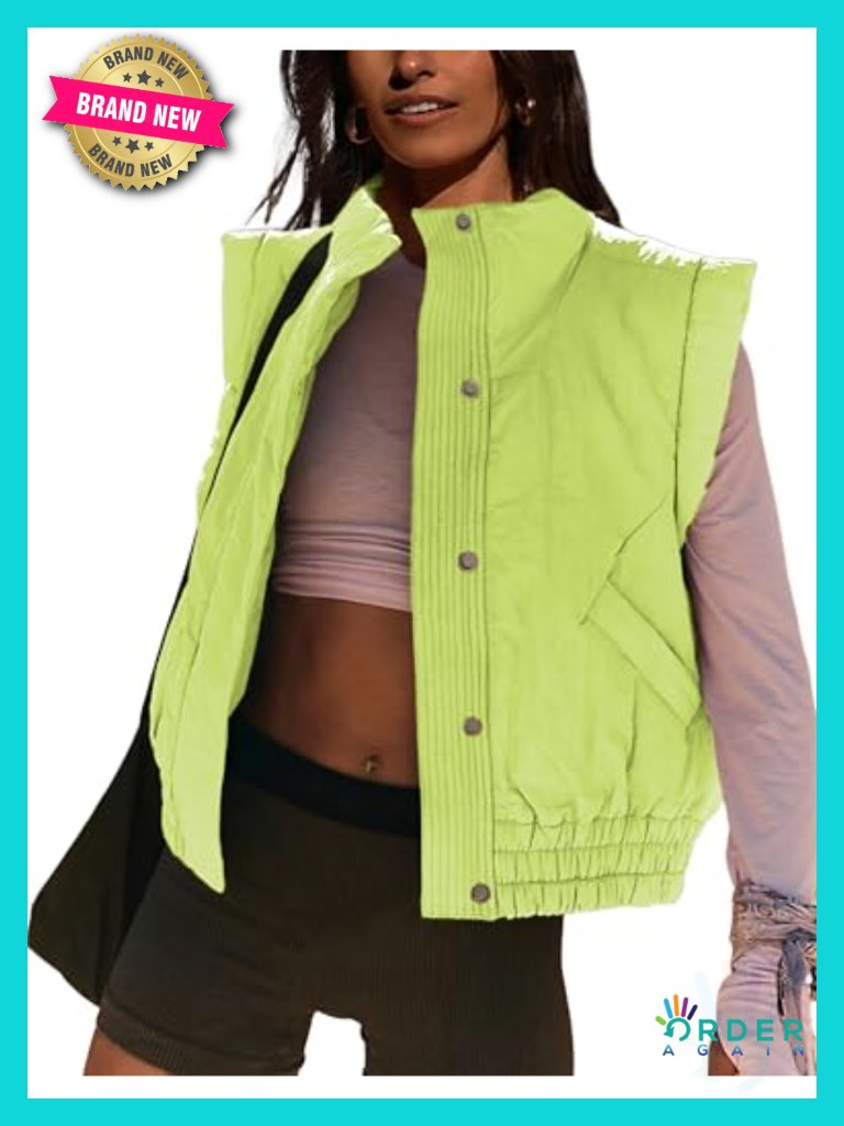Cropped Quilted Puffer Vest Lightweight Button Down Sleeveless Gilet With